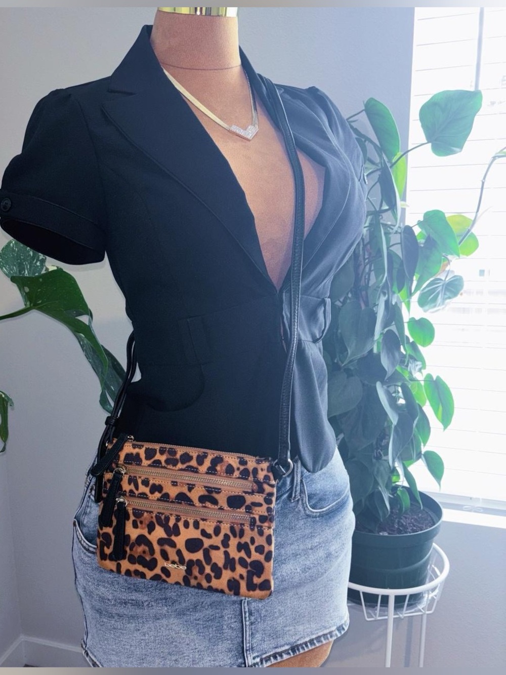 Bebe Leopard Print Crossbody Bag Faux Suede Triple Zip